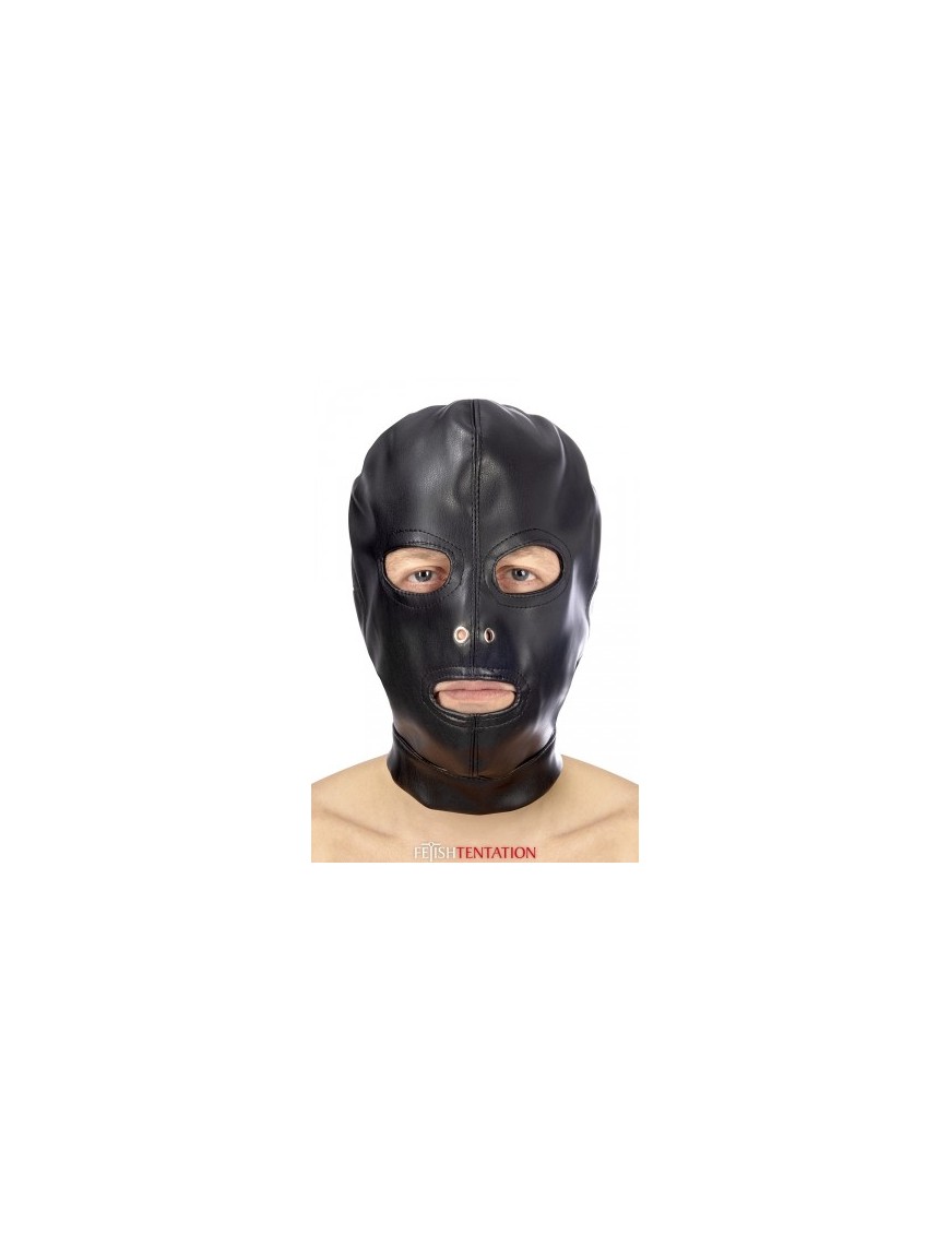 Cagoule BDSM 3 ouvertures en simili cuir - Fetish Tentation