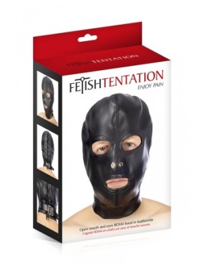 Cagoule BDSM 3 ouvertures en simili cuir - Fetish Tentation